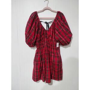 New With Tags Old Navy Waist-Defined Red Puff-Sleeve Plaid Dress size L RL Style
